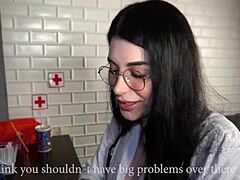 18-19 years old brunette cosplays as a hot doctor and deepthroats cum