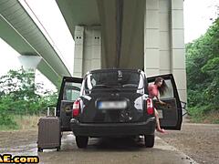 Shaved pussy and natural boobs of dirty talking taxi slut get hard in nature