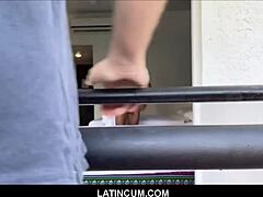Hot Latino muscle hunk Octavio gives rimjob to gay hotel worker boy