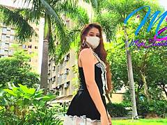 Busty Filipina model Miyu Sanoh flaunts her pussy in public while walking in the condo garden
