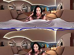 Shaved MILF licks pussy in VR porn video
