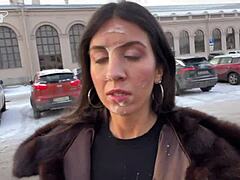 A stunning girl receives a massive cumshot on her face in public as a tip from a kind stranger.