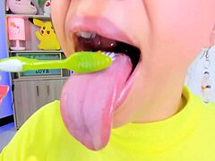 Kawaii girl Lila Jordan teases with her tonguebrush