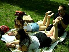 Public foot worship and role play with two Czech barefoot girls in a threesome